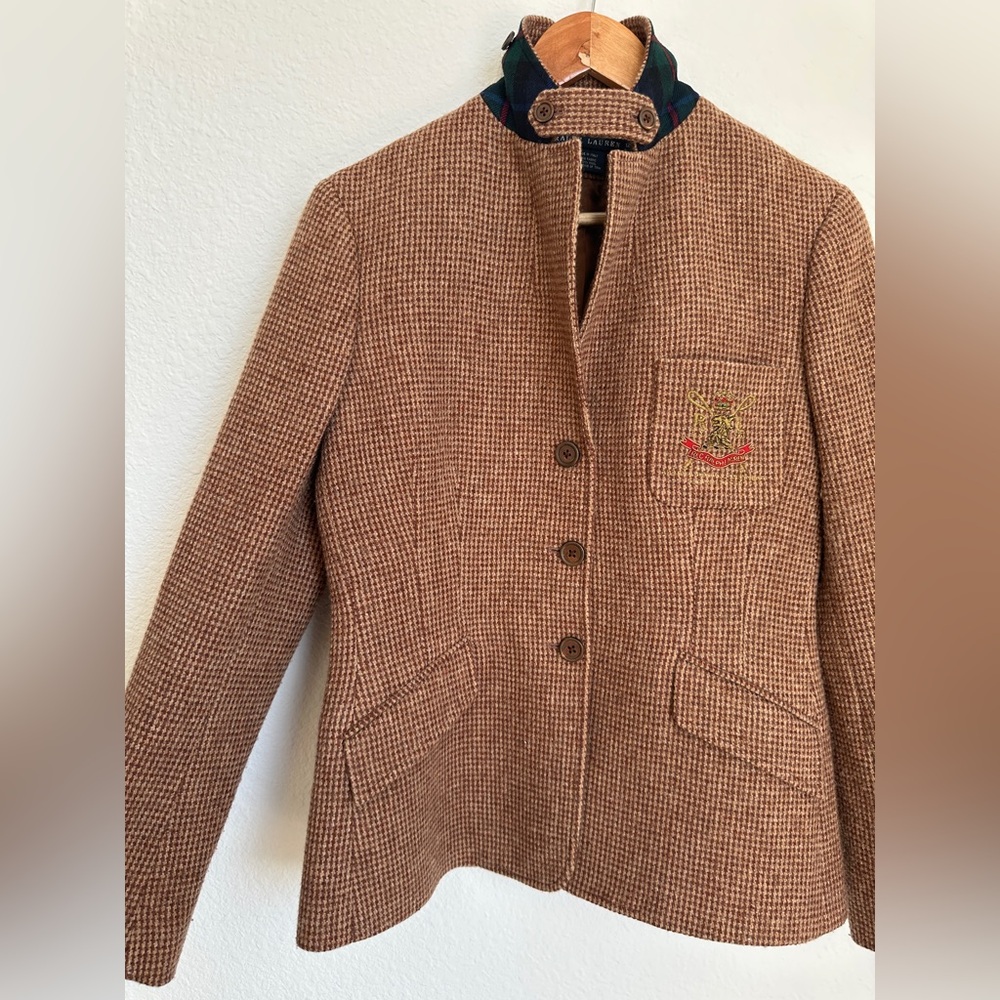 Vintage Ralph Lauren houndstooth riding blazer pure Woolmark Plaid Trim Italy 12 - Picture 13 of 17